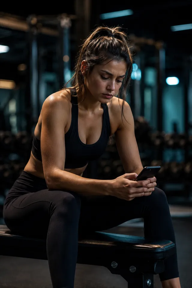 Mulher sentada sozinha num banco de academia, olhando o celular, esperando um parceiro de treino que não apareceu