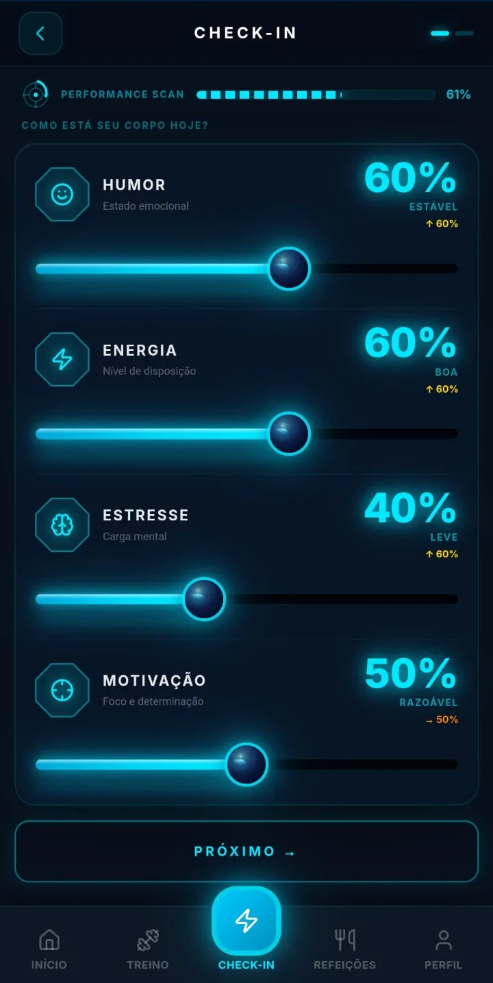 Tela de check-in diário do Vitalis Coach com sliders de humor, energia, estresse e motivação