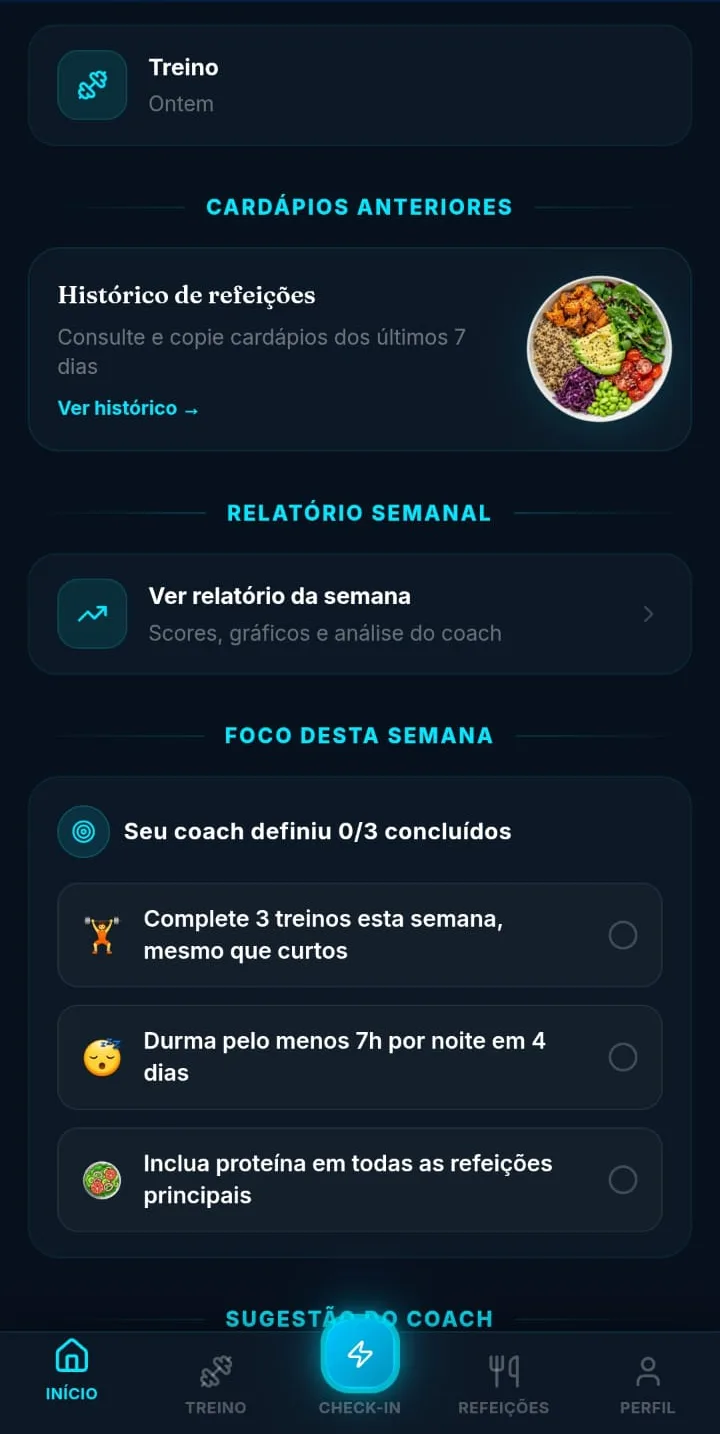 Tela do Vitalis Coach mostrando histórico de refeições e foco definido pelo coach para a semana