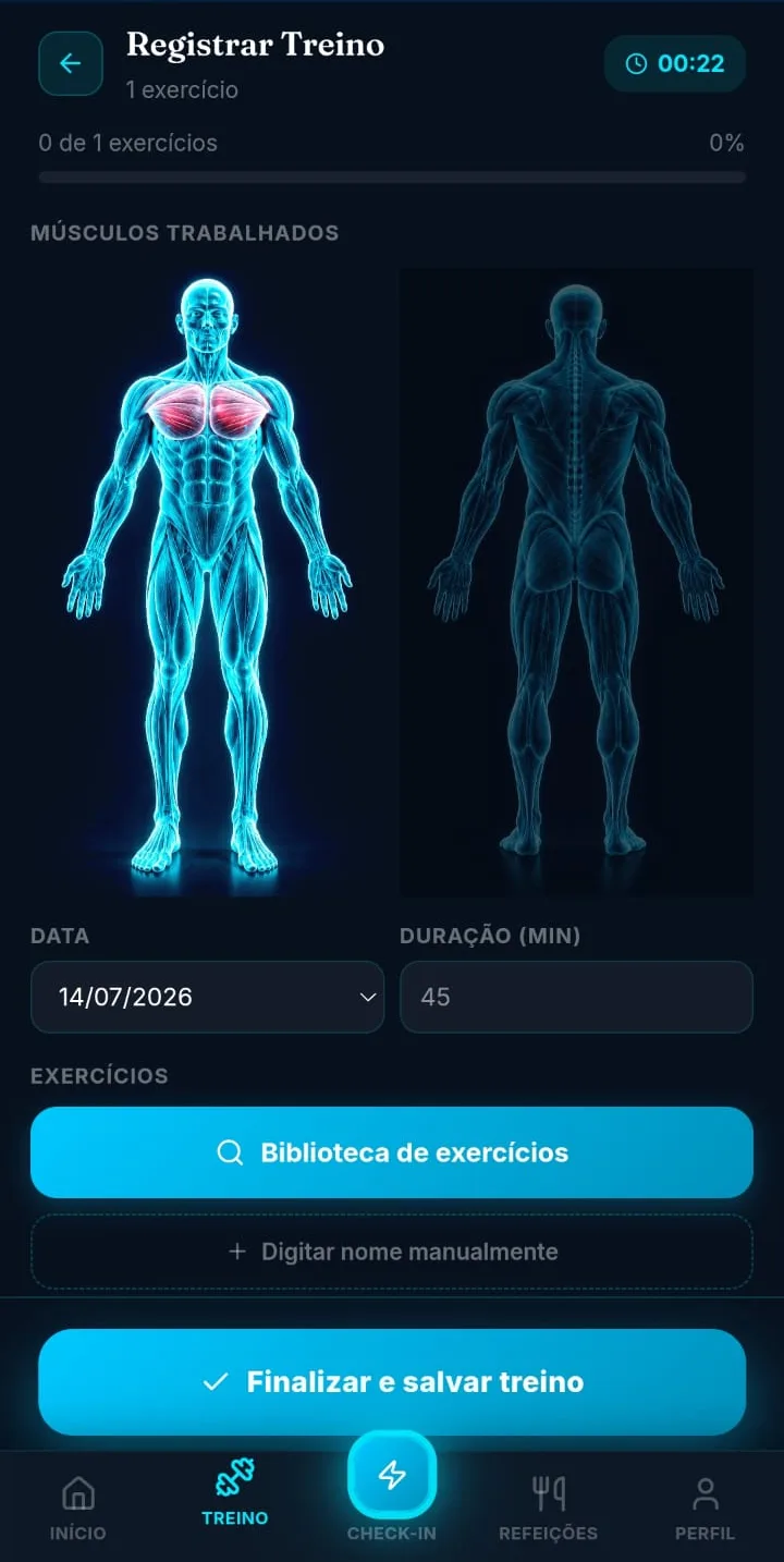 Tela de registro de treino do Vitalis Coach com diagrama do corpo mostrando os músculos trabalhados